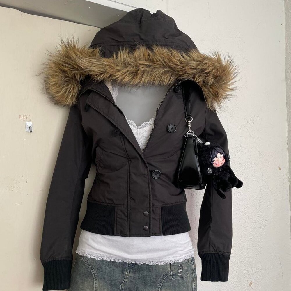 New Womens Black Fleece Lined Jacket Brown Faux Fur Hood XS